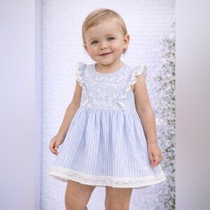 Blue Striped Kids Dress with Lace Details